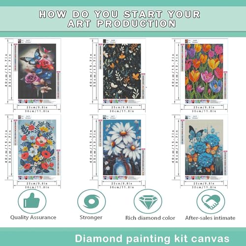 DOTZSO 6PCS Flowers Diamond Painting Art Kits for Adults Beginner 12x16 in | 5D Full Drill Resin, Flowers Pattern, Fits All Ages, Leisure Craft, Stress Relief, Wall/Shelf Display, All-Occasion Gift - color: AF Flowers Butterfly