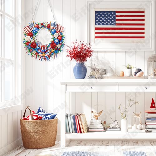 Eiflow Acrylic Diamond Art Hanging Kit for Adults 4th of July, DIY Diamonds Painting Door Hanging Board Kit, Special Crystal Diamond Art Painting Pendant Ornament (Patriotic Wreath) - color: Patriotic Wreath