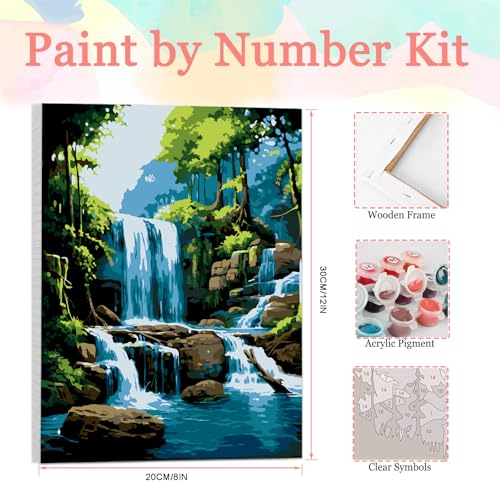 Auremi Waterfall Paint by Number Kits with Framed, DIY Landscape Paint by Number Canvas for Adults, Easy Acrylic in Canvas with Brushes for Decor 20x30cm - color: Paint by number 002