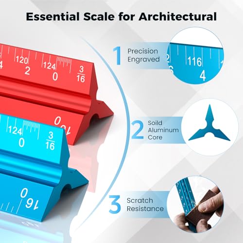 Rena Chris 2PCS Architectural Scale Ruler: 12" Imperial Aluminum Alloy Metal Architecture Measuring Tools, Engineering Drafting Construction Drawing Blueprints Triangular Architect Scaling Rulers - color: Red+Blue