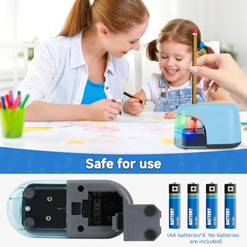 Battery-Operated Electric Pencil Sharpener with LED Light – Compact & Portable Pencil Sharpener for Home, School, or Office Use (Blue) - color: Blue