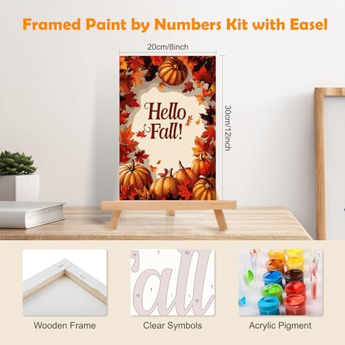 MOGTAA Fall Paint by Numbers Kit for Adults Beginners with Frame, Pumpkin Adult Paint by Number Kits on Canvas with Easel, Easy DIY Oil Painting Kits for Home Decor, 8x12in - color: Fall Pumpkin