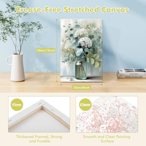 Bowetile Framed Paint by Numbers Flower Kit for Adults, Adults' Paint-by-Number Kits on Canvas, Painting by Numbers Eucalyptus Floral, Acrylic Number Painting Gifts for Home Wall Decor, 8x12in - color: Flower, Vase