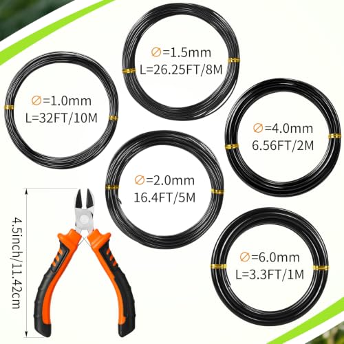 Mudder 5 Roll Bonsai Training Wire Aluminum 1/1.5/2/4/6mm Black | Anodized Coating Resists Rust, 85 Ft for Branches, Includes Cutter, Flexible Cable Holds Shape, For Bonsai Tree Training - color: Black, size: 1/1.5/2/4/6mm