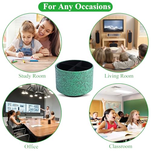 Round Leather Art Supply Organizer,Remote Control Holder,360 Degree Spinning,Multi-Functional Pencil Holder,4 Compartments Desktop Stationary Organizer(1-Carved Green) - color: 1-Carved Green