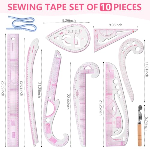 KISEER 10 Pcs Clear Metric Sewing Ruler Set French Curve Pattern Making Ruler Kit for Knitting Tailors Crafting Dress Designers Sewing Beginner Supplies - size: 10 Pcs - Standard