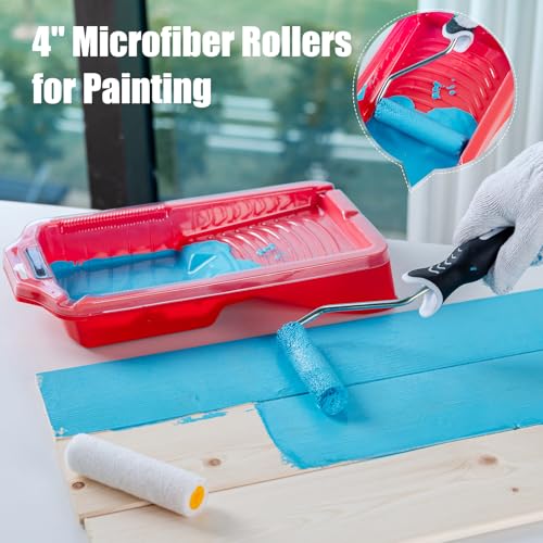 Mister Rui 4 Inch Mini Paint Roller Kit 12-Pc with Tray, Liners & Brush | Microfiber Sleeves for Smooth Finish. Ideal for Walls, Cabinets, Trim, Furniture and DIY Projects