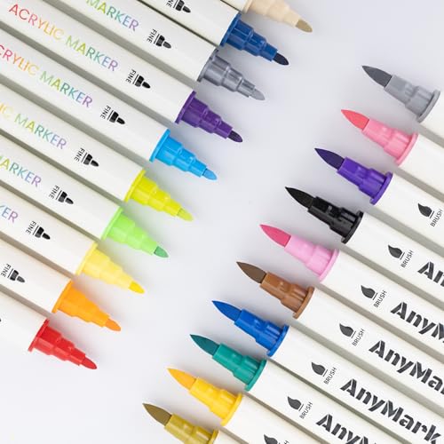 AnyMark 24 Colors Acrylic Paint Markers, Dual Tip Acrylic Paint Pens with Dot & Fine Tip, Premium Paint Markers for Coloring, Canvas, wood, Stone, Rock Painting, Glass
