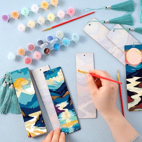 Kosiz 12 Pcs Mountain Paint by Number Kit for Adult Wood Bookmark | Mini Paint by Numbers Kit, Painting Decor, Tassels Blank Bookmarks, for Small DIY Craft Book Lovers Gift 7x2 '' - style: Mountain