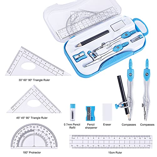 Math Geometry Kit Set 10 Pieces with Shatterproof Storage Box, Student Supplies Drawing Compass Includes Protractor, Rulers, Compass, Pencil Sharpener, Lead Refills, Pencil, Eraser(Blue)