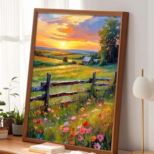 Alptiny Sunset Farm Paint by Numbers Kit for Adults Beginner, Countryside Landscape with Flowers Paint by Number Kits, DIY Oil Painting Kit for Relaxation & Home Decor, 16x20 Inch - color: Countryside Landscape