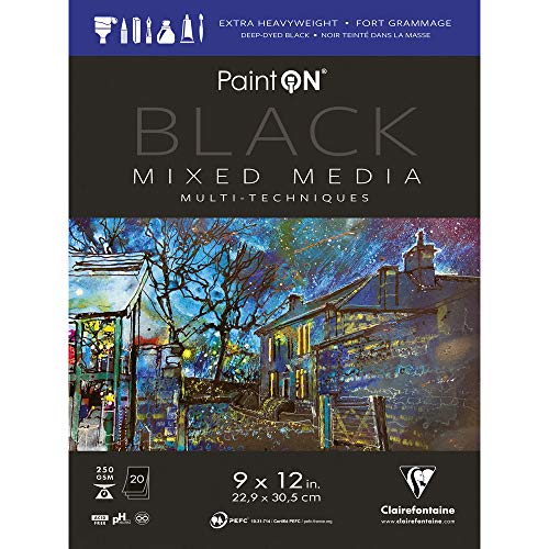 Clairefontaine - Ref 975491C - Paint'ON Mixed Media Black Glued Pad (20 Detachable Sheets) - 22.29 x 30.5cm (9 x 12in), 250gsm Heavyweight Paper (USA Version) - color: Black, size: 9 x 12 inches