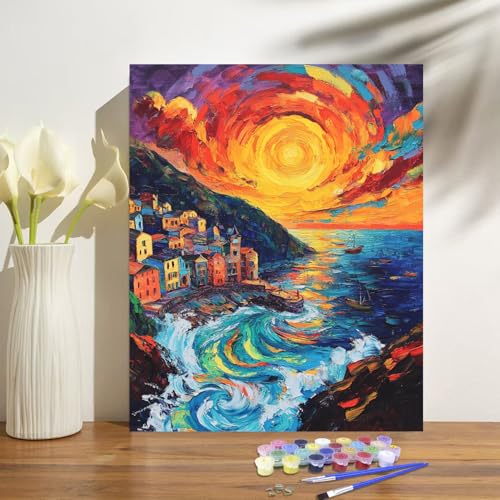 Sunset Paint by Numbers Kit for Adults Beginner Cinque Terre Italy Oil Painting Kit Adult Paint by Number Kits on Canvas DIY Painting for Beginners Art by Numbers for Gifts Home Wall Decor 16x20 Inch - color: YF021