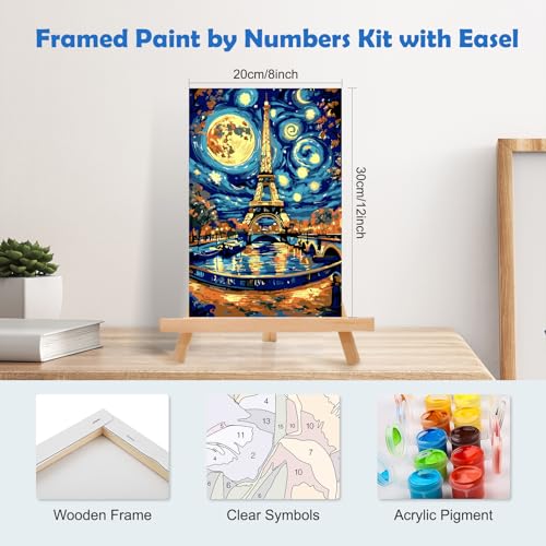 MOGTAA Eiffel Tower Paint by Numbers Kit for Adults Beginners with Frame, Abstract Landscape Adult Paint by Number Kits on Canvas with Easel, Easy DIY Oil Painting Kits for Home Decor, 8x12in - color: Tower