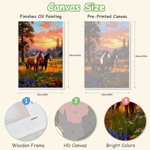 Spandrel Horse Framed Paint by Numbers Kit for Adult, Sunset Farm Adult Paint by Number Kits on Canvas, DIY Acrylic Oil Farmhouse Painting by Numbers for Home Wall Decor, 8x12in - color: Horse, Scenery