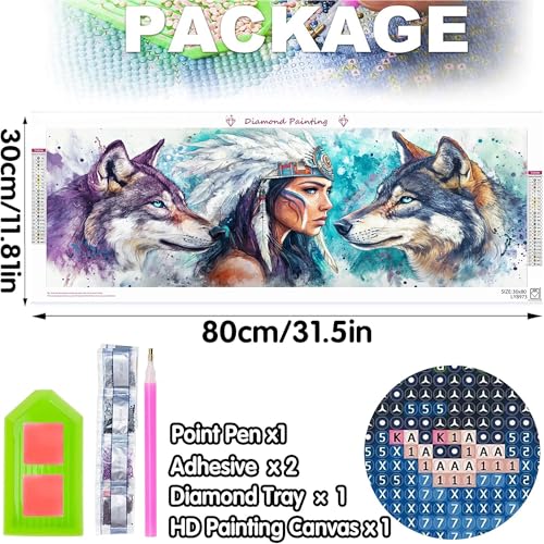 Bimkole Large Diamond Art Kits for Adults Indian Wolf, Full Drill 5D DIY Rhinestone Embroidery Set Paint with Diamonds Art Women by Number Kits Cross Stitch Home Wall Craft Decoration 31.5x11.81 Inch - color: Big-Indian wolf