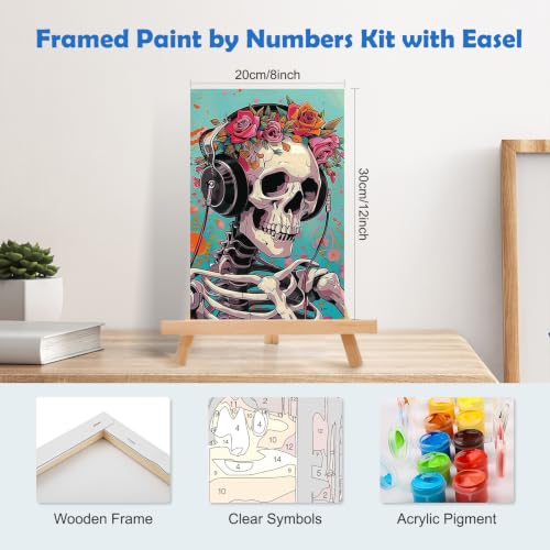 MOGTAA Halloween Paint by Numbers Kit for Adults Beginners with Frame, Skeleton Adult Paint by Number Kits on Canvas with Easel, Easy DIY Flowers Oil Painting Kits for Home Decor, 8x12in - color: Skeleton