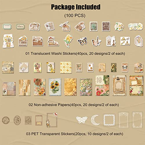 Esweny 100 PCS Vintage Ephemera Pack Journaling Scrapbooking Supplies Scrapbook Sticker Paper Kit for Junk Journal Planners Collage Craft Notebooks Decoupage Album (Sunflower) - color: Sunflower