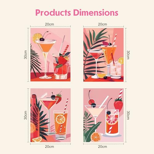 GHHKUD 4 Pack Cocktail Paint by Numbers Kits for Adults, DIY Pink Beverages Painting by Numbers for Adults, Easy Painting on Canvas Arts Gifts for Home Decor 20x30cm - color: Cocktail