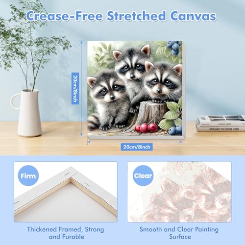 Bowetile Baby Raccoons Paint by Numbers Kit for Adults, Framed Painting by Numbers Animals, Adults' Paint-by-Number Kits on Canvas, Acrylic Number Painting for Nursery Home Wall Decor, 8x8in - color: Raccoons