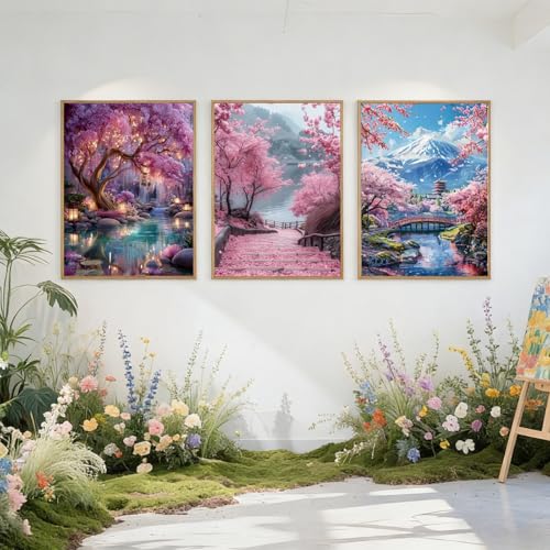 Gemozaic 3 Pack Fantasy Tree Diamond Painting Kits for Adults,12 x 16 Inch | Pink Cherry Blossom Diamond Art Kit, Full Drill 5D Round Sakura Gem Art for Home Wall Decor, Gift, Unframed - color: G9451+G9452+B16886