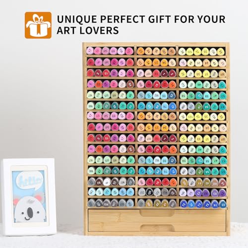 AUTOARK Bamboo Marker Organizer for 225 Markers,AHK-063 | Desktop Storage with Drawers,Art Markers Pens Pencils Brushes,Stationary Organizer - size: 225 Markers