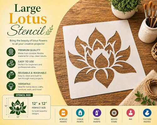 Large 12"x12" Lotus Stencil for Painting on Wood, Canvas, Paper, Fabric, Furniture - Lotus Flower Stencil - Reusable DIY Art and Craft Wall Stencils - Floral Stencils - color: Lotus 12"x12"