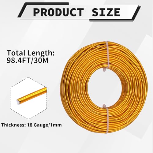 18 Gauge Aluminum Craft Wire, 100 Feet 1mm Bendable Metal Wire for Jewelry Making, Sculpting and Floral Design, Soft Armature Wire for DIY Crafts (Yellow Gold) - size: 18 Gauge(1mm), style: Yellow Gold