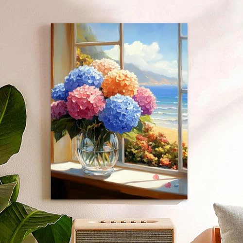 Reivworl Flowers Paint by Numbers Kit for Adults, Hydrangea Paint by Number for Adults, Adult Paint by Number Kits for Gifts and Home Wall Decor 16x20 Inch - color: 12-Flowers, size: Without Frame