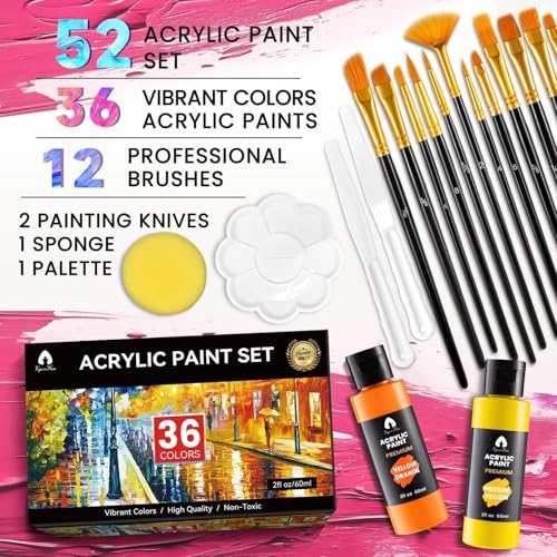 52 Pcs Acrylic Paint Set - 36 Colors (2oz/60ml) with 12 Brushes, 2 Knives & Palette - Rich Pigments for Adults, Artists & Beginners - Painting on Pumpkin Canvas Ceramic Rock Wood - color: Classic, size: 2 Fl Oz (Pack of 36)
