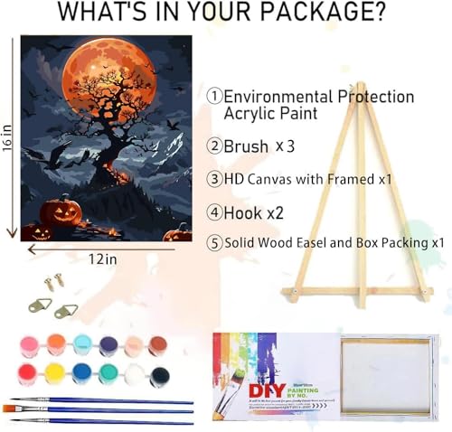 Halloween Paint by Numbers for Adults with Framed Canvas-with Wooden Easel,Paint by Numbers Kits Framed Canvas,DIY Acrylic Oil Painting Kits with Brushes Nice Gift Box for Home Wall Decor(12x16 Inch) - color: DKH122