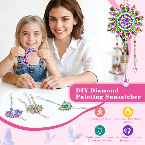 Diamond Art Kits for Kids/Adults, 4pcs Arts and Crafts for Kids Ages 8-12 | Birthday Gifts for 6 7 8 9 10 11 Year Old Girl, Paint by Numbers Kit for Kids Wind Chimes Gem Art Crystal Window Sun Catcher - color: ziran
