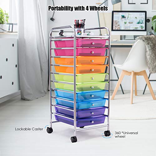 Happygrill 10-Drawer Storage Cart, Utility Cart with Removable Drawers & Metal Frame, Rolling Storage Cart with Lockable Wheels for Home, Office, Rainbow - color: Rainbow