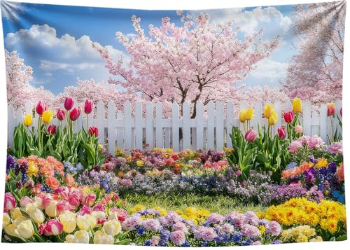 8x6FT Spring Garden Backdrop Secret Floral Garden Tulip Peach Blossom White Fence Backdround for Spring Easter Birthday Party Decoration Vinyl - size: 8x6FT