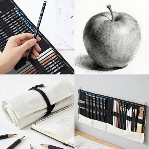 Professional Sketching Pencil Set with Full Hardness Range (3H–14B) – Graphite & Charcoal Pencils with Portable Canvas Pouch
