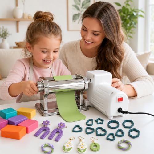 nuyooioo Electric Polymer Clay Press Machine,Clay Roller Machine,Polymer Clay Cutters Set for Clay Earring Making,Includes Clamp and Hand Crank,Polymer Clay Tools for Clay Earring Making
