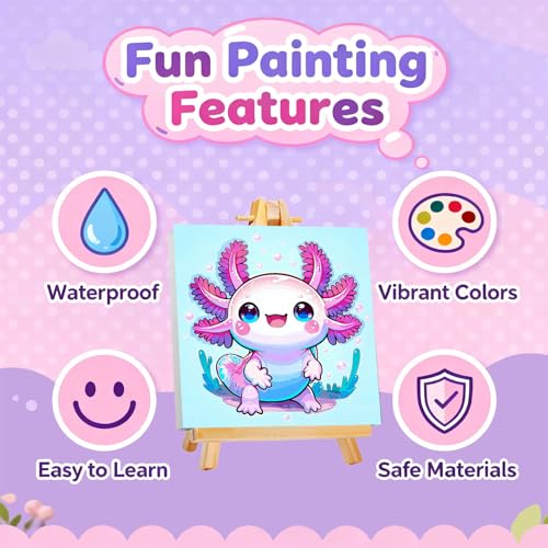 Gemozaic Axolotl Paint by Numbers Kit for Kids with Frame & Easel, 8x8 in | Cute Animal Paint by Number for Kids Ages 4-8-10-12, DIY Acrylic Painting by Numbers for Teens Boys Girls for Birthday Gift - color: BKH2333