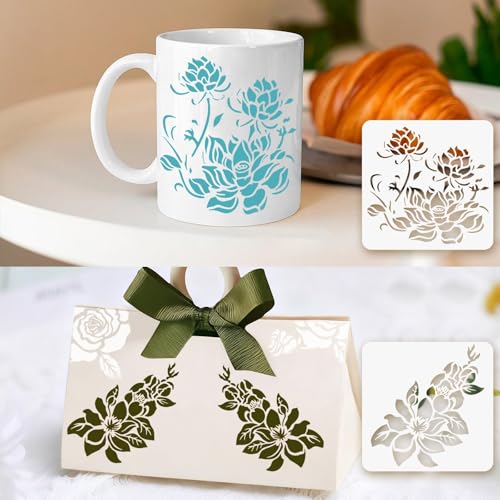 12 Pcs Large Flower Stencils for Painting, 5.12 X 5.12 Inch Flower Stencils for Crafts Reusable, Wood and Wall Stencils for Painting Large Pattern, DIY Templates Holiday Wall Paper (H) - style: H