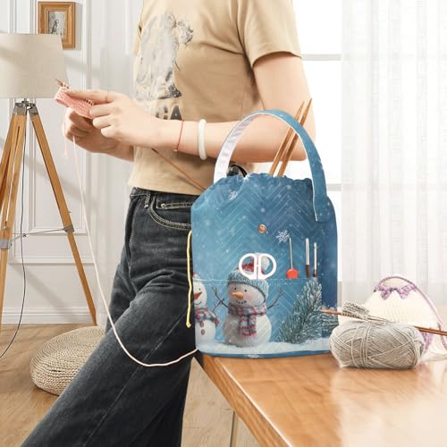 Yarn Bag Small Crochet Bag Drawstring Yarn Storage Organizer Knitting Project Bags Potable Yarn Holder with Holes Handle Crocheting Needles Knitting Accessories Blue Snowmen - color: Blue Snowmen