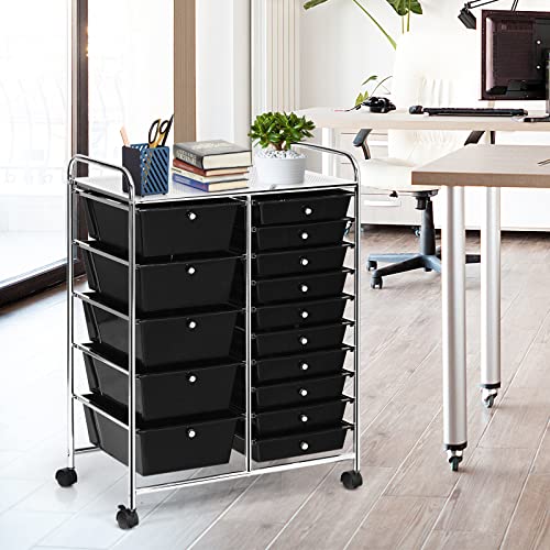 COSTWAY 15 Drawer Rolling Storage Cart, Mobile Storage Organizer | Removable Drawers & Metal Frame, Multipurpose Utility Tools Paper Organizer on Wheels for Home, Office (Black) - color: Black, size: 15 Drawer