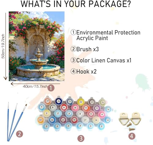 MBNTJHT Landscape Paint by Numbers Kit for Adults Beginner,DIY Fountain and Flowers Paint by Number Kits on Canvas,Unframed Watercolor Art Painting Kit Crafts for Home Wall Decor 16X20 Inch. - color: MT22465