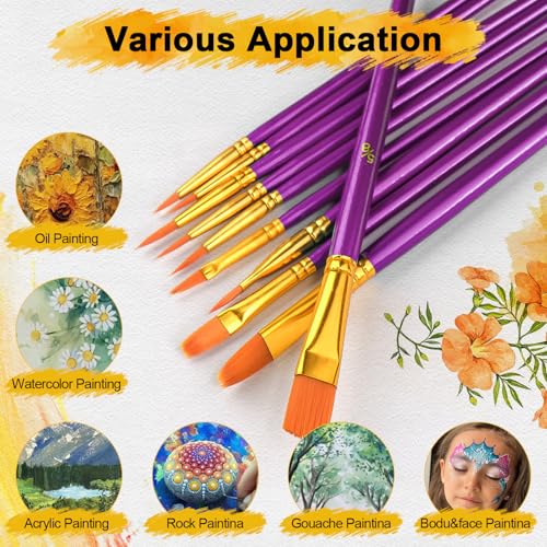 Acrylic Paint Brushes Set, 50Pcs Round Pointed Tip Artist Paintbrushes for Acrylic Painting Oil Watercolor Canvas Boards Rock Body Face Nail Art, Halloween Pumpkin Ceramic Crafts Supplies,Purple - color: Purple, size: 5 Pack