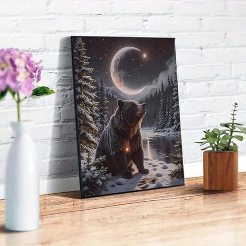 WCHUIMM 5D Bear Diamond Art Kits for Adults, Paint with Diamond Painting Animal DIY Full Round Drill Kits, Embroidery Rhinestone Diamond Crystal Craft Canvas Home Wall Decor 12X16 Inch - color: Bear and Moon