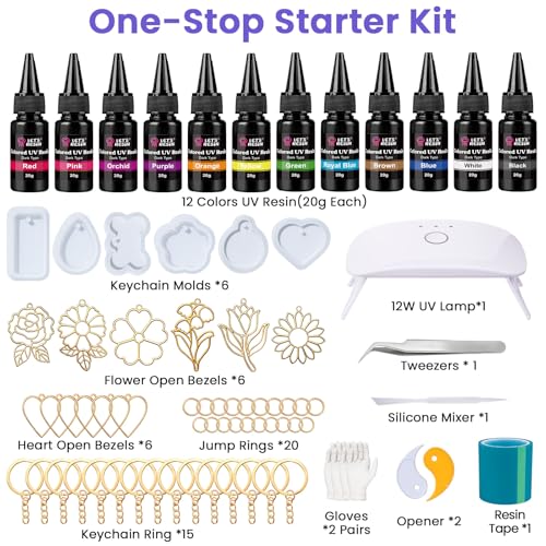 LET'S RESIN 12-Color UV Resin, 73Pcs Keychain Making Kit for Beginners - size: 240g Colored Keychain Making Kit