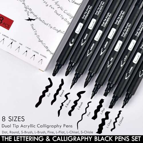 Brusarth Calligraphy Pens,Dual Tip Black Acrylic Calligraphy markers | 8 Size Brush Pens Calligraphy Set for Beginners, Hand Lettering Pen for Art Drawing, Sketching, Writing, Scrapbooking - color: Black