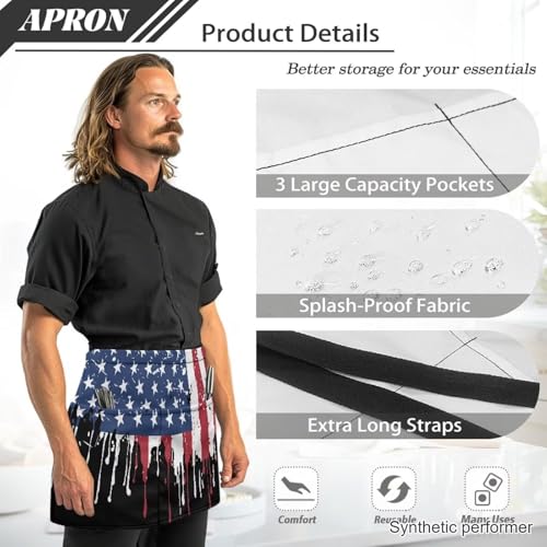 Waist Apron with 3 Pockets Waterproof 13 Inch Short Half Waist Aprons Women Men Server Aprons Waitress Waiter Apron - color: American Flag