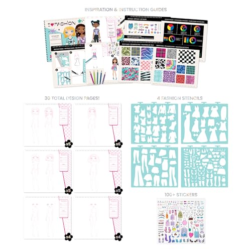 Fashion Angels Fashion Design Sketch Portfolio | Includes 40 Sketch Sheets, 4 Stencil Sheets & Stickers, Fashion Sketch Pad for Beginners & Kids Ages 6+ - color: Fashion Design