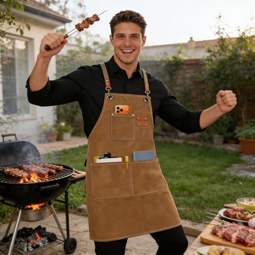 Chef Aprons for Men Women with Oversized Pockets, 16-Ounce Cotton Canvas Cross Back Heavy Duty Work Apron (Brown) - color: Brown