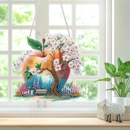 Bowetile Cherry Blossoms Diamond Art Hanging Kits for Adults, Diamond Art Suncatchers Apple, 5D Special Shape Diamond Painting Pendant Window Ornament Gifts for Home Wall Door Garden Decor - color: Apple, Cherry Blossoms