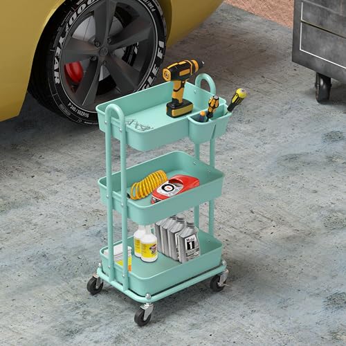 Simple Houseware 3-Tier Rolling Utility Cart with Hanging Bucket, Turquoise - color: Turqoise, size: 3-Tier